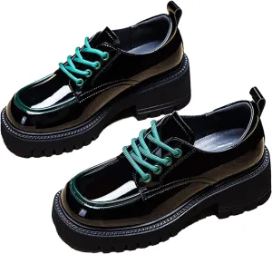Women's Patent Leather Platform Oxford Dress Shoes Comfort Round Toe Lace-Up Chunky Loafers Classic Black Business Work Shoes