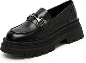 Women's Platform Loafers Slip-On Chunky Heel Shoes with Metal Buckle - Black/Brown - Fashion and Comfortable Footwear