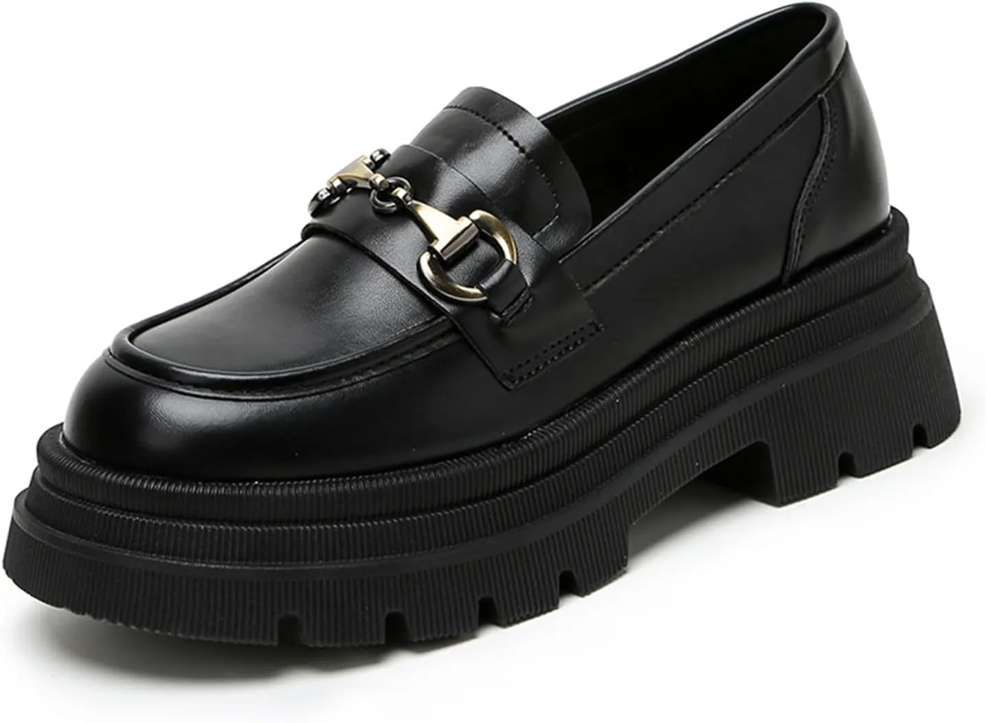 Women's Platform Loafers Slip-On Chunky Heel Shoes with Metal Buckle - Black/Brown - Fashion and Comfortable Footwear