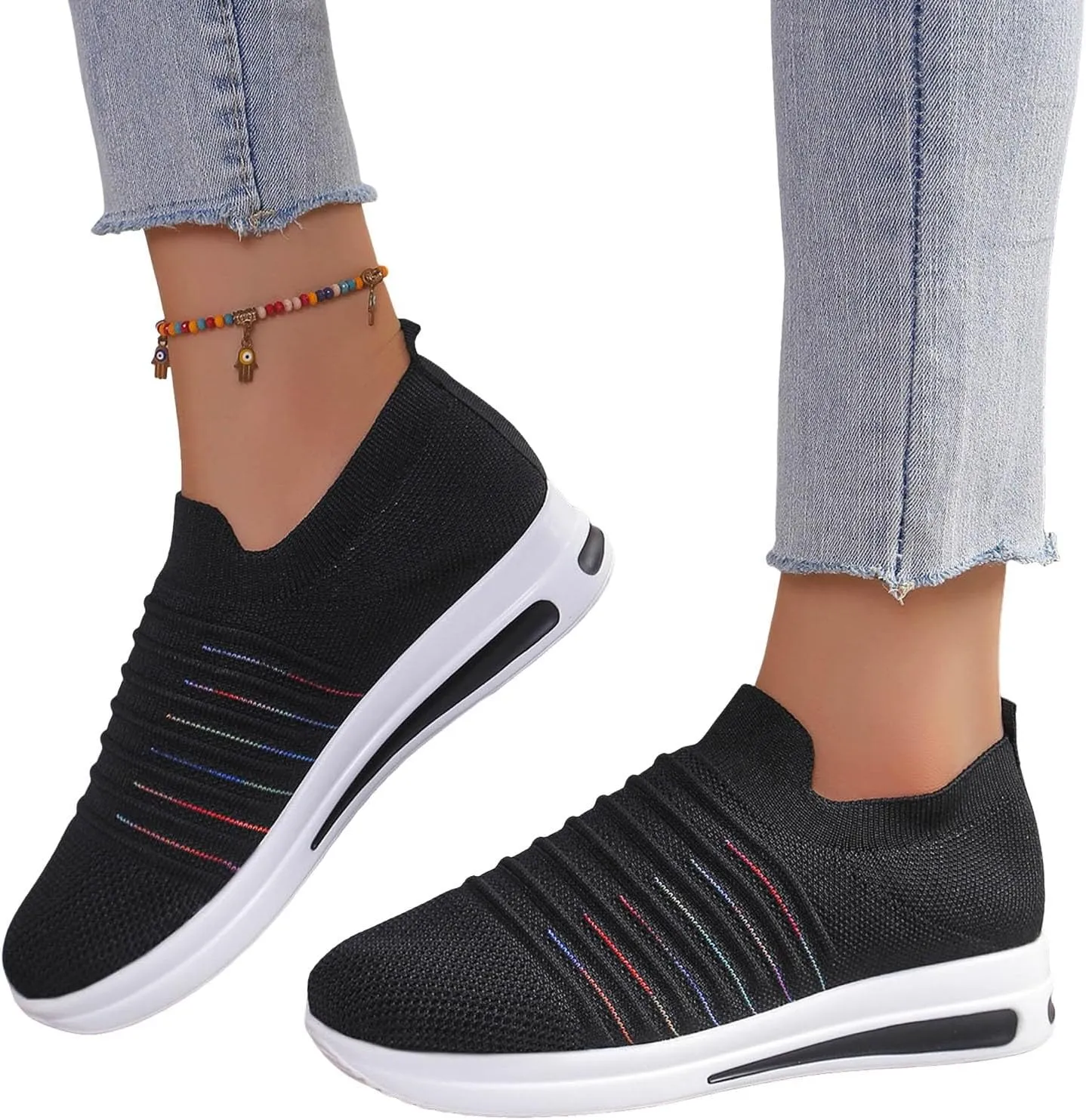 Womens Summer Breathable Shoes Soft Sole Flying Mesh Slip On Shoes for Women Non Slip Comfortable Non Slip Thick Sole Loafers Travel Friendly Shoe,Daily Workout Working Lightweight Shoe,