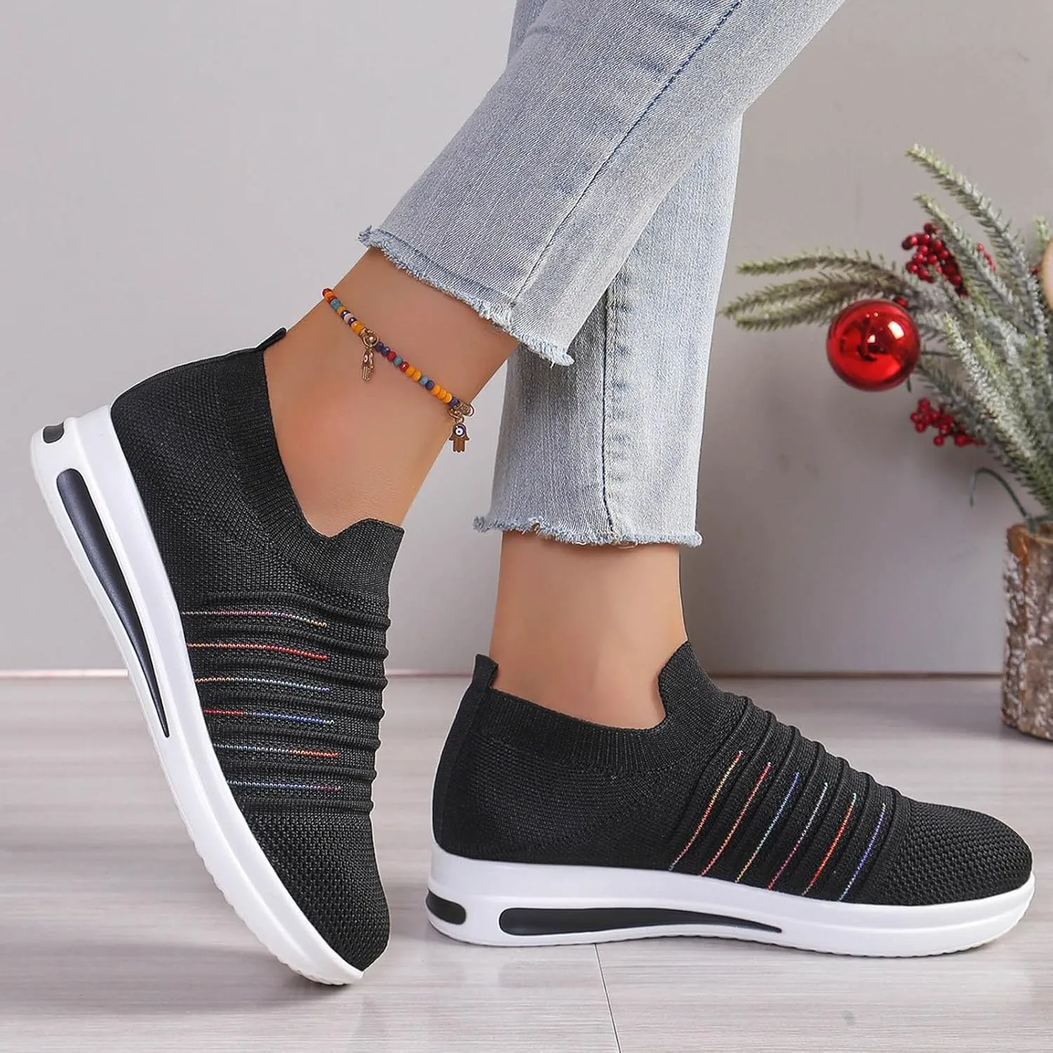 Womens Summer Breathable Shoes Soft Sole Flying Mesh Slip On Shoes for Women Non Slip Comfortable Non Slip Thick Sole Loafers Travel Friendly Shoe,Daily Workout Working Lightweight Shoe,