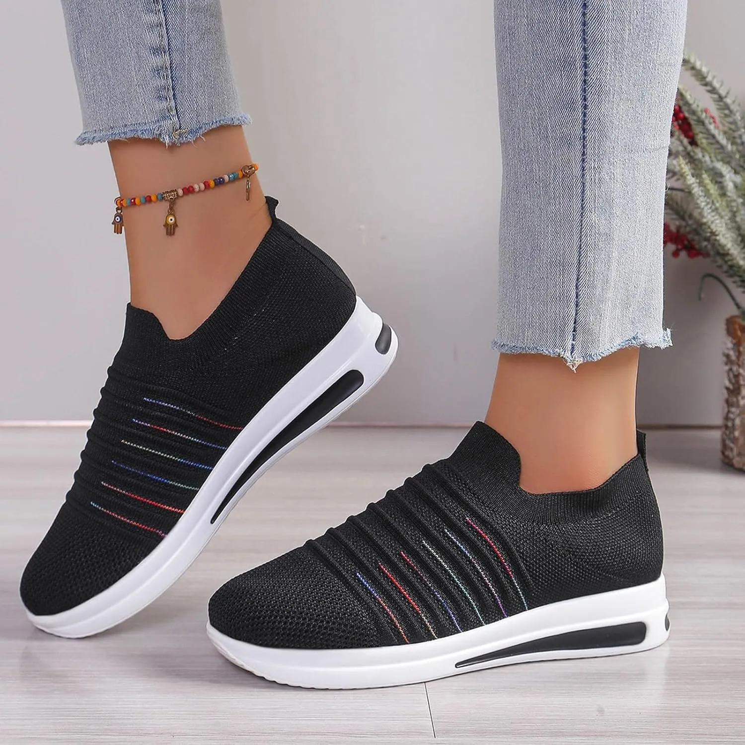 Womens Summer Breathable Shoes Soft Sole Flying Mesh Slip On Shoes for Women Non Slip Comfortable Non Slip Thick Sole Loafers Travel Friendly Shoe,Daily Workout Working Lightweight Shoe,