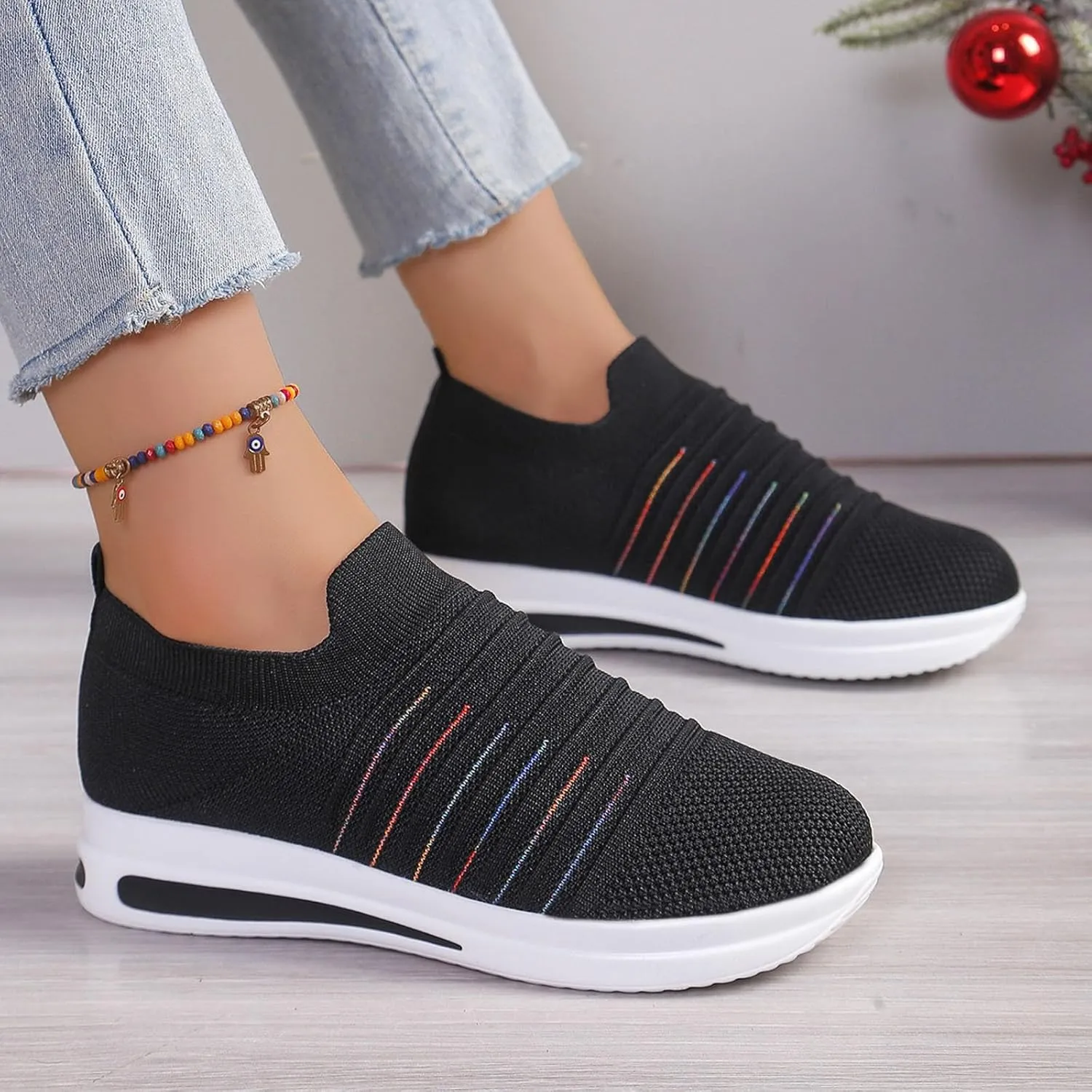 Womens Summer Breathable Shoes Soft Sole Flying Mesh Slip On Shoes for Women Non Slip Comfortable Non Slip Thick Sole Loafers Travel Friendly Shoe,Daily Workout Working Lightweight Shoe,