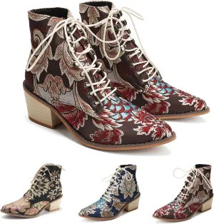 Women's Vintage Ankle Boots Embroidered Low Block Heel with Pointed Toe Lace up Ankle Bootie for Women Floral Dress Short Booties Chunky Stacked Block Heels Cowboy Boots