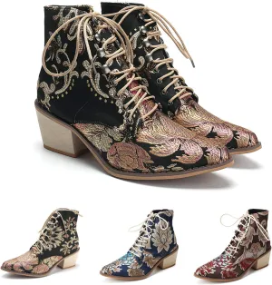 Women's Vintage Ankle Boots Embroidered Low Block Heel with Pointed Toe Lace up Ankle Bootie for Women Floral Dress Short Booties Chunky Stacked Block Heels Cowboy Boots