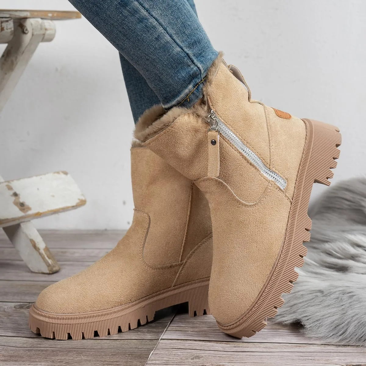 Women's Waterproof Winter Boots with Plush Lining  Warm, Anti-Slip Suede Ankle Boots for Outdoor, Water-Resistant Combat Boots