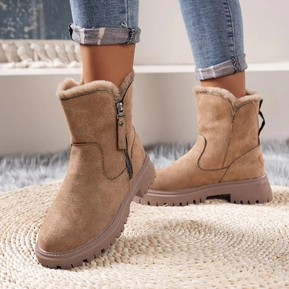 Women's Waterproof Winter Boots with Plush Lining  Warm, Anti-Slip Suede Ankle Boots for Outdoor, Water-Resistant Combat Boots