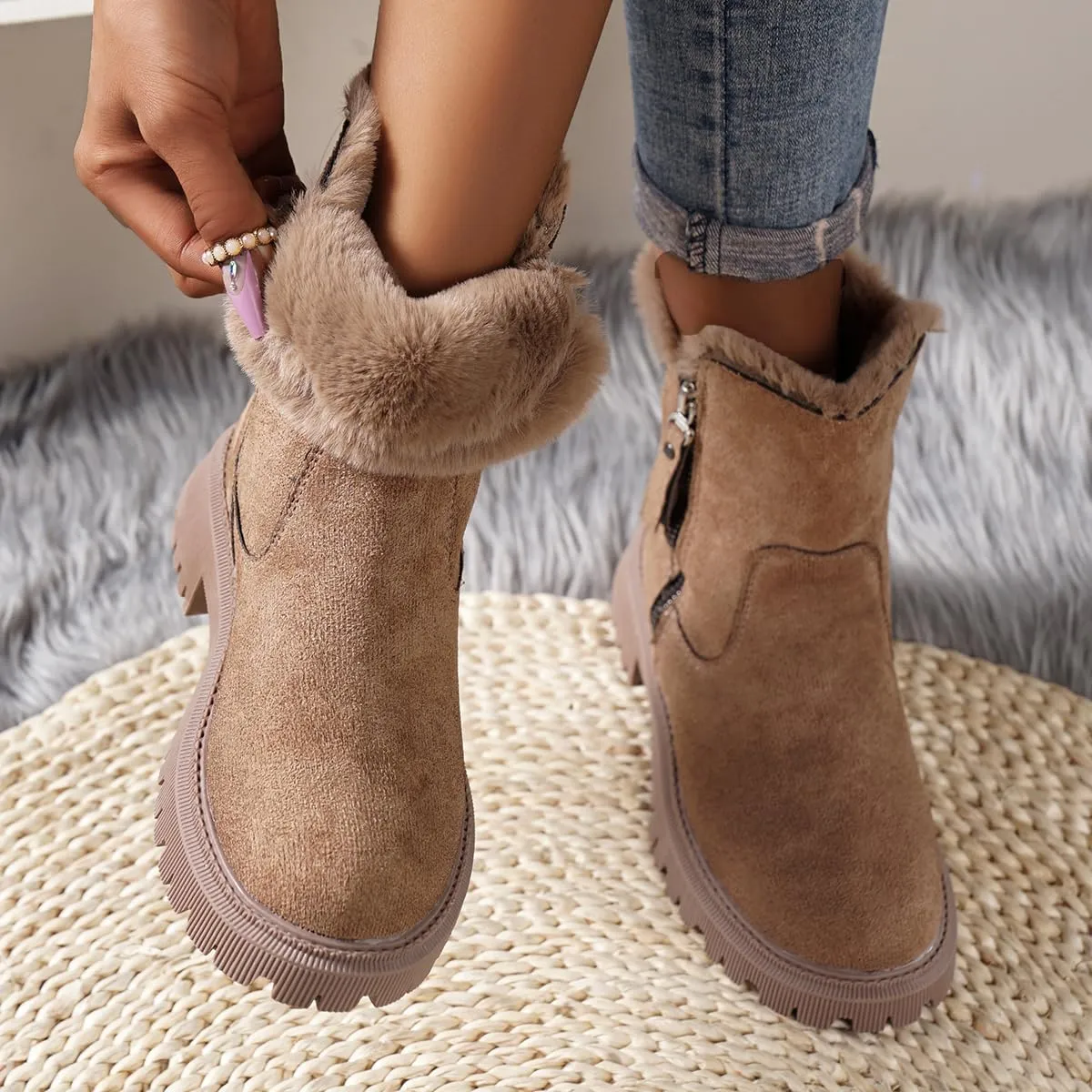 Women's Waterproof Winter Boots with Plush Lining  Warm, Anti-Slip Suede Ankle Boots for Outdoor, Water-Resistant Combat Boots