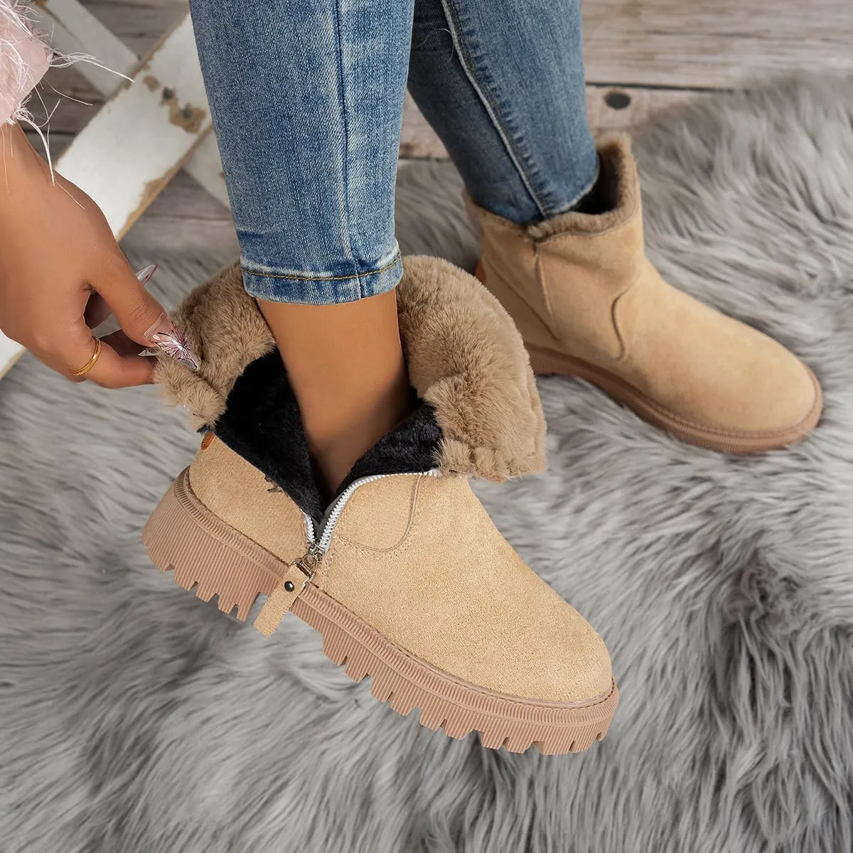 Women's Waterproof Winter Boots with Plush Lining  Warm, Anti-Slip Suede Ankle Boots for Outdoor, Water-Resistant Combat Boots