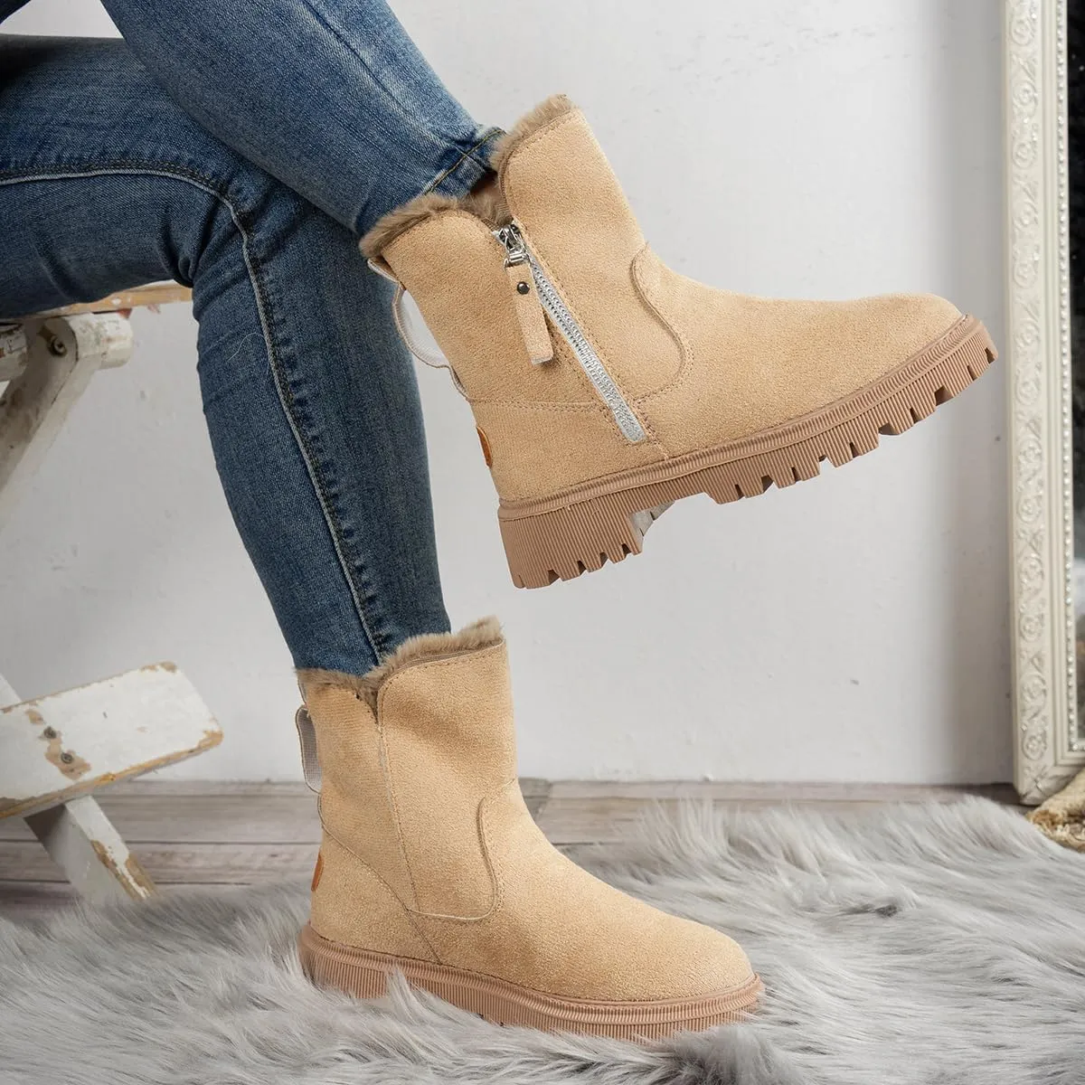 Women's Waterproof Winter Boots with Plush Lining  Warm, Anti-Slip Suede Ankle Boots for Outdoor, Water-Resistant Combat Boots