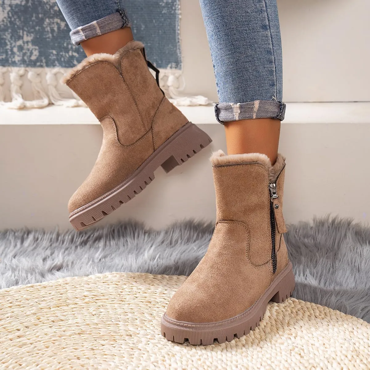 Women's Waterproof Winter Boots with Plush Lining  Warm, Anti-Slip Suede Ankle Boots for Outdoor, Water-Resistant Combat Boots